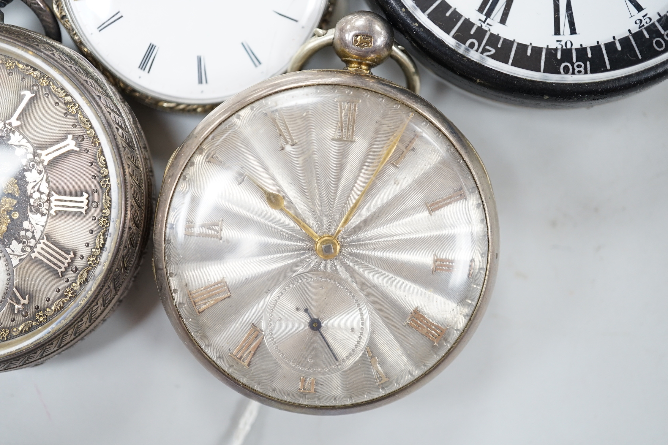 Ten assorted silver or base metal pocket watches including John Walker black dial and a deck watch by H. Golay & Son.